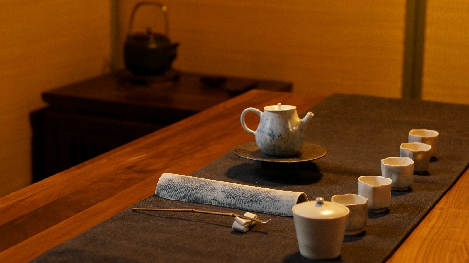 Tea set on a wooden counter