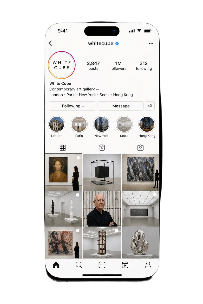 Mobile phone mockup showing the White Cube Instagram profile